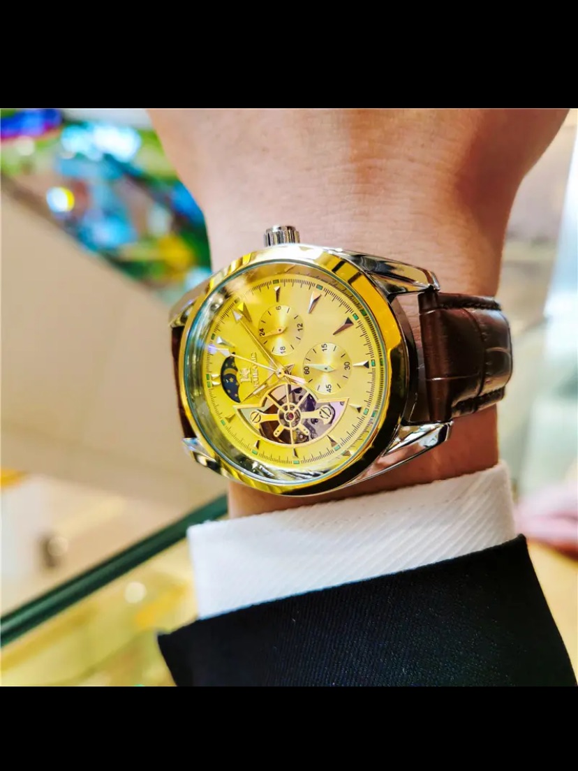 New Automatic Tevise Golden Dial Brown Leather Mens Watch